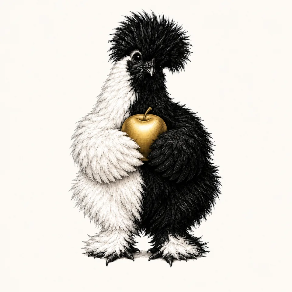 Goblin, my fluffy black-and-white Silkie chicken mascot, holding a golden apple between its wings.